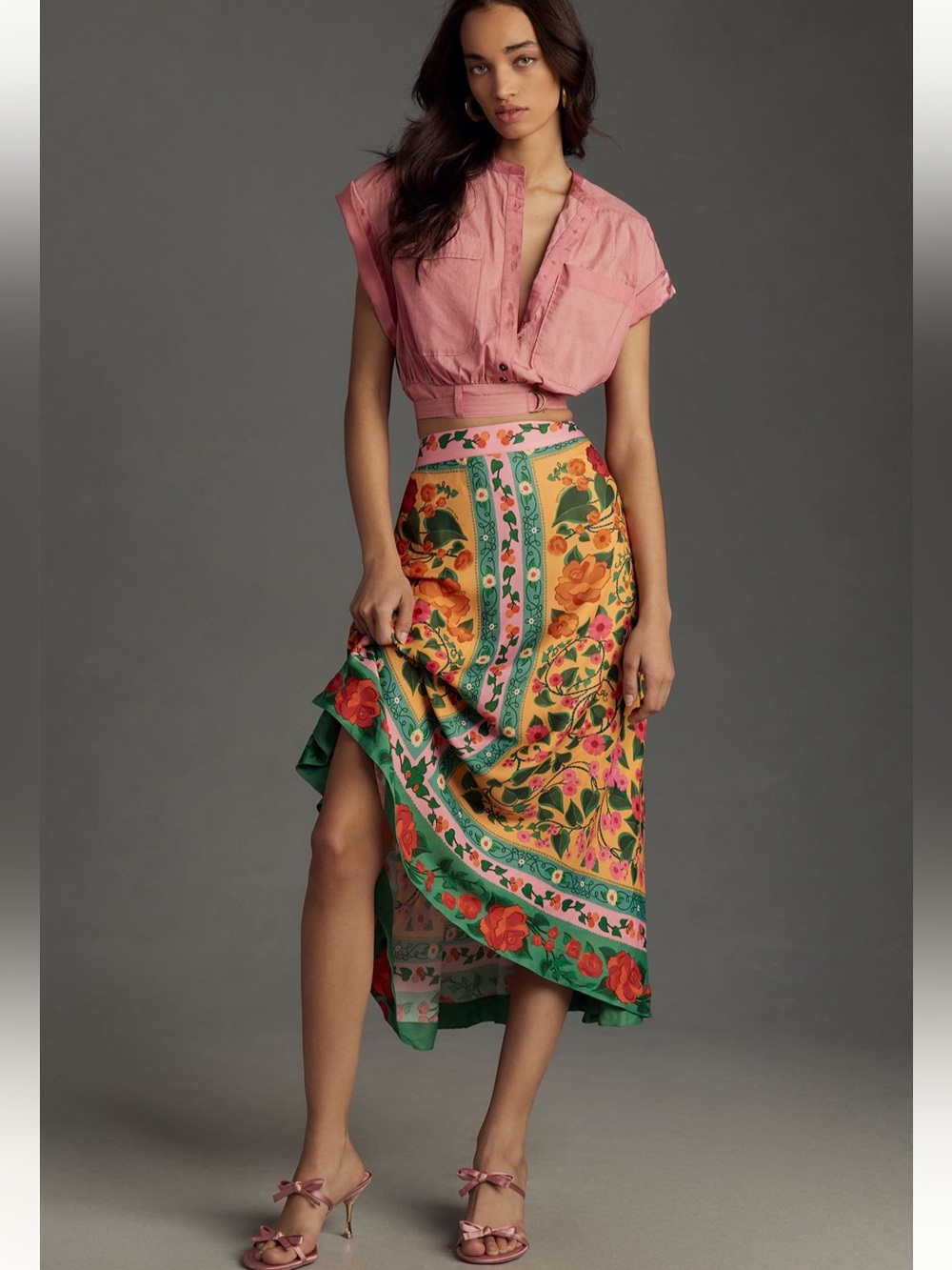 FARM Rio Pink & Green Floral Midi Skirt